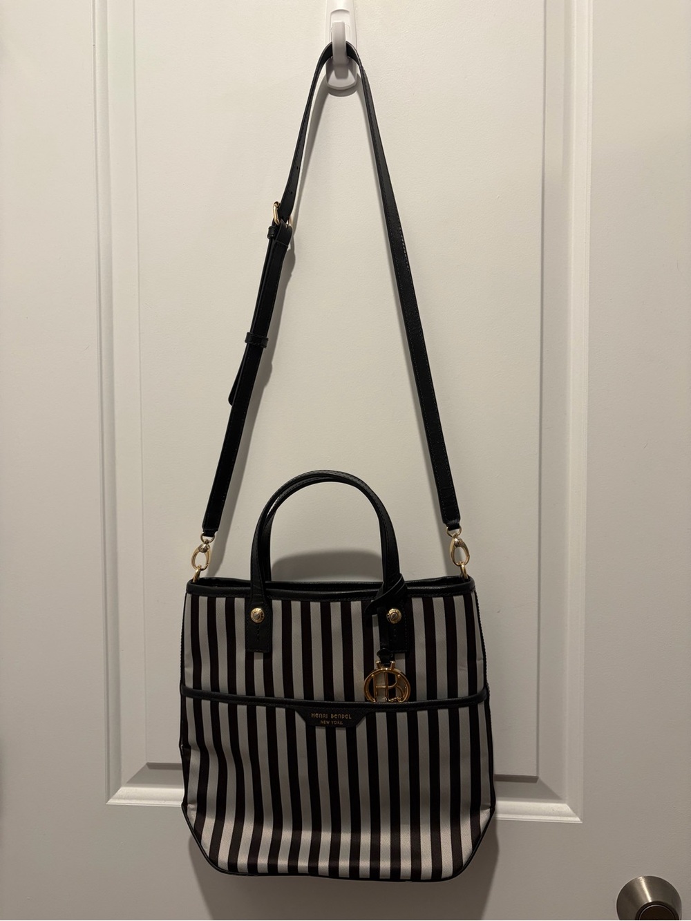 henri bendel Black and White Striped Tote with Gold Hardware